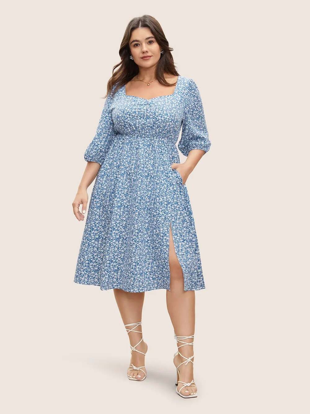 Plus Size 2X 18-20 BloomChic Blue Floral Split Hem Dress with Pockets